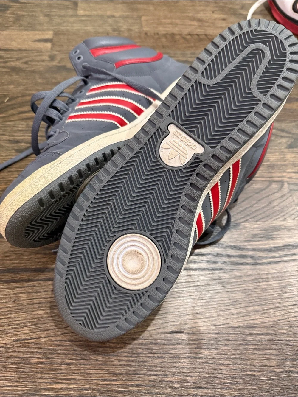 adidas Men’s Grey High-Top Sneakers with Red Stripes